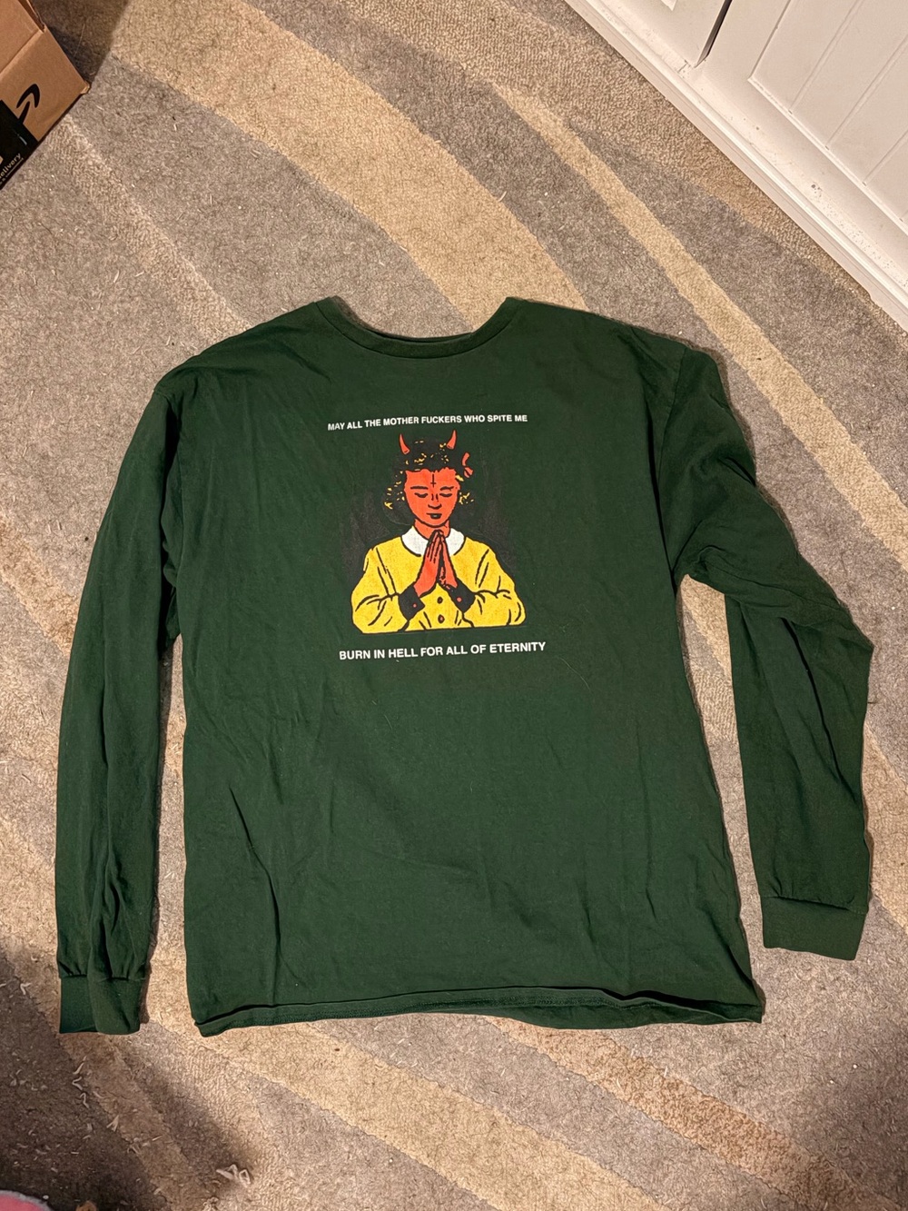 Dark Green Graphic Long Sleeve Tee - Praying Devil Print